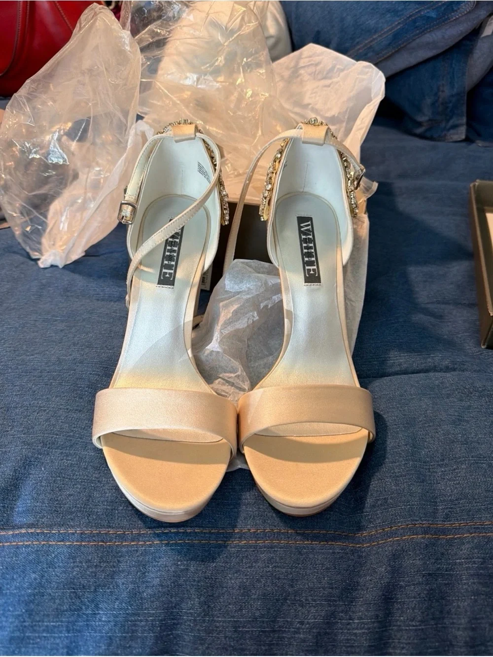 Vera Wang Champagne Satin Jewel-Ankle Platform Heels